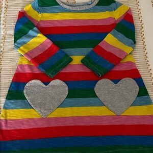 Mini Boden Rainbow Striped Dress with Heart Pockets